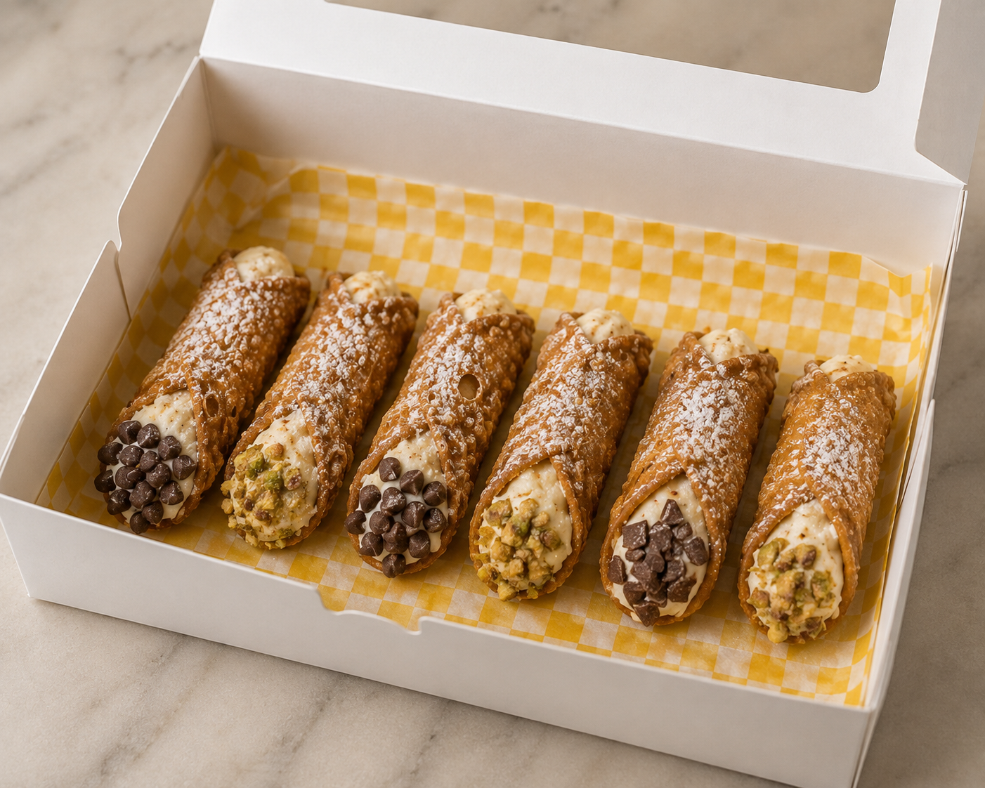Mini cannolis packaged in a bakery box